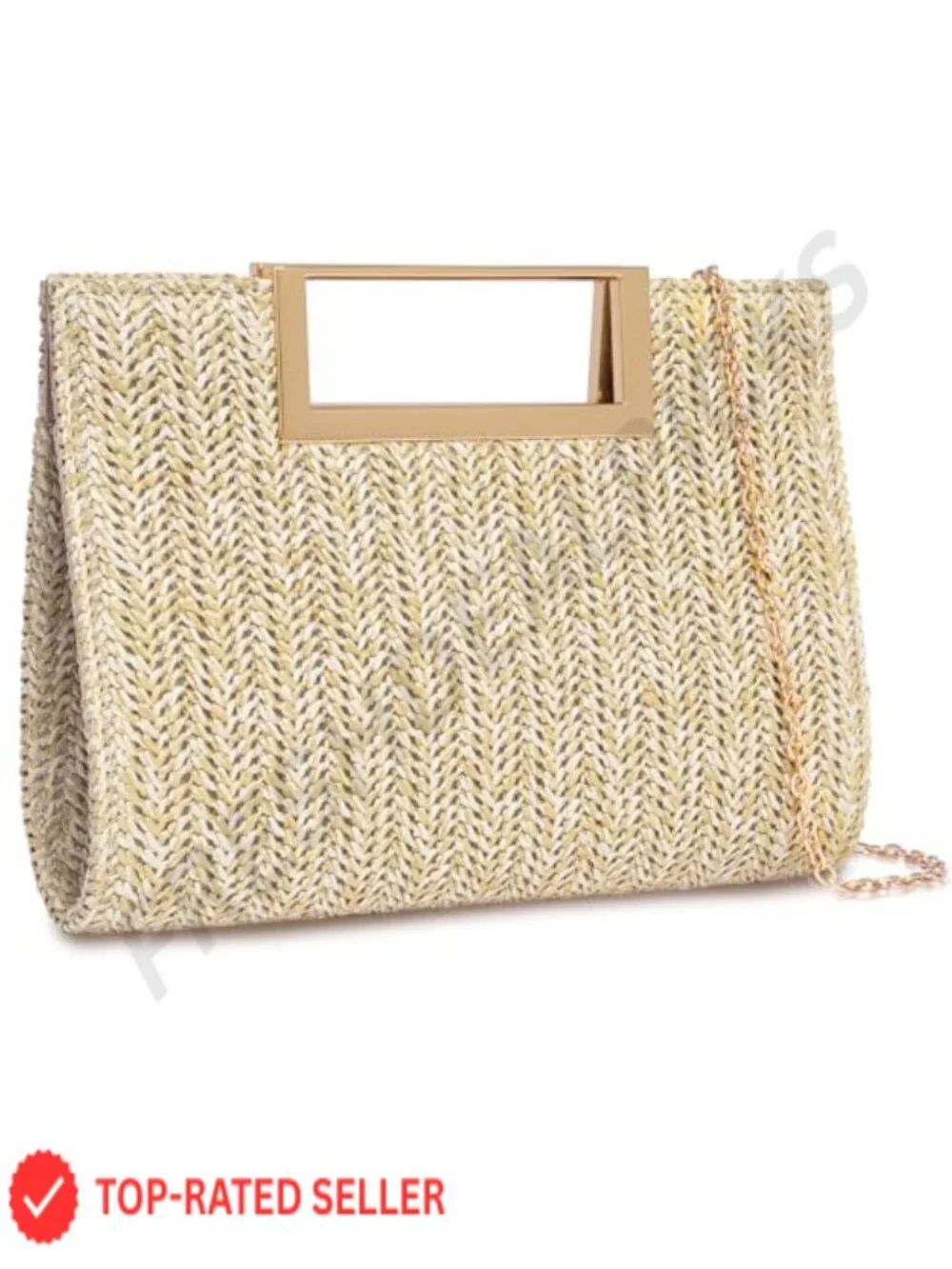 Woven Straw Evening Bag Clutch with Gold Metal Handle Chain